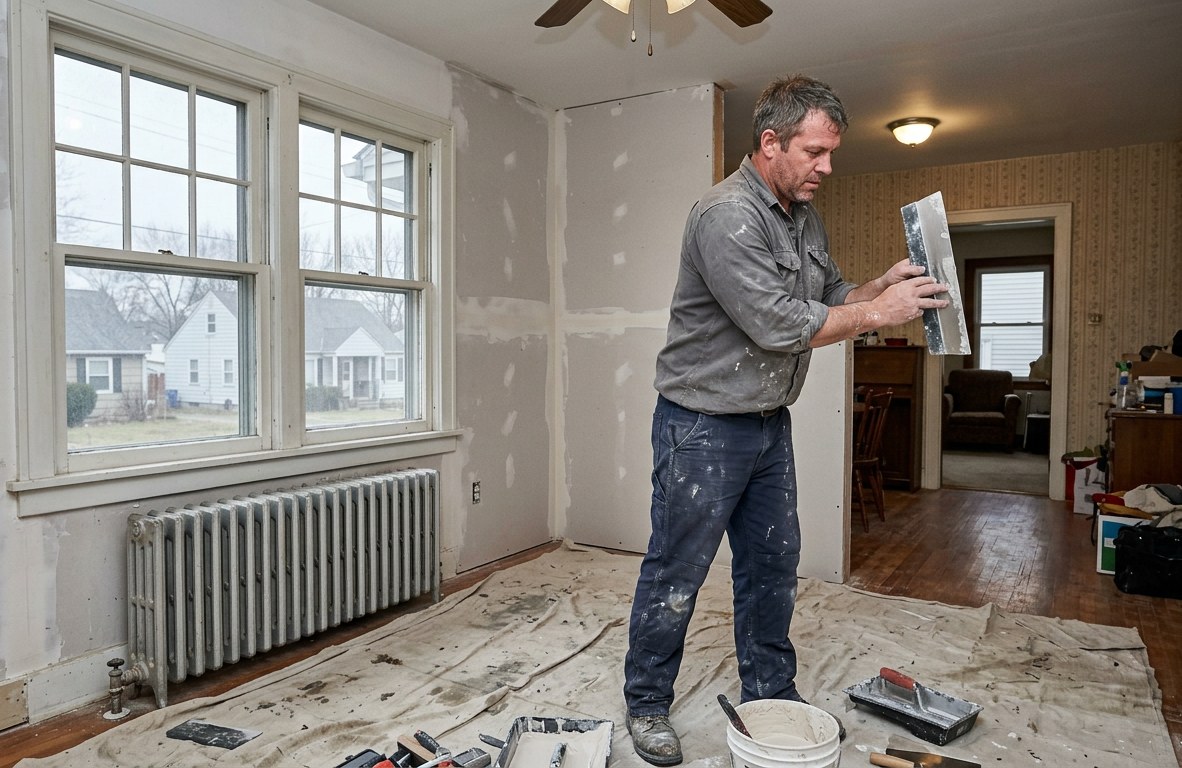 Drywall finisher smoothing a fresh seam in a bright Garfield Heights living room