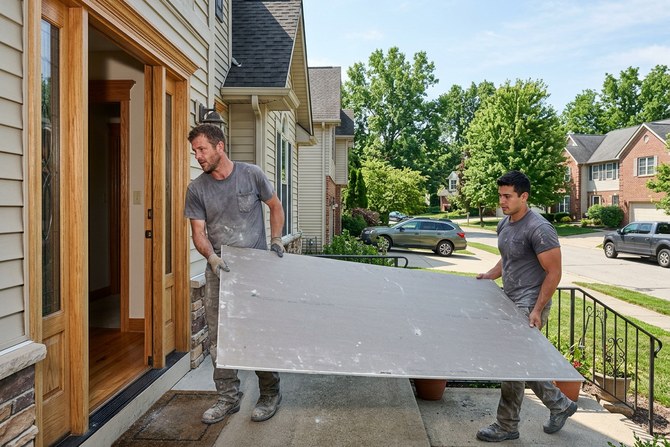 Drywall crew carrying a full sheet of drywall into a suburban Ohio home