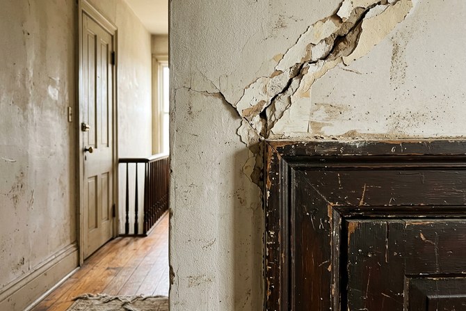 Close-up of a cracked drywall corner above a door frame in a home