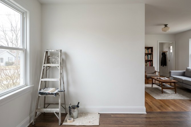Finished smooth drywall wall painted soft white in a renovated Ohio living room