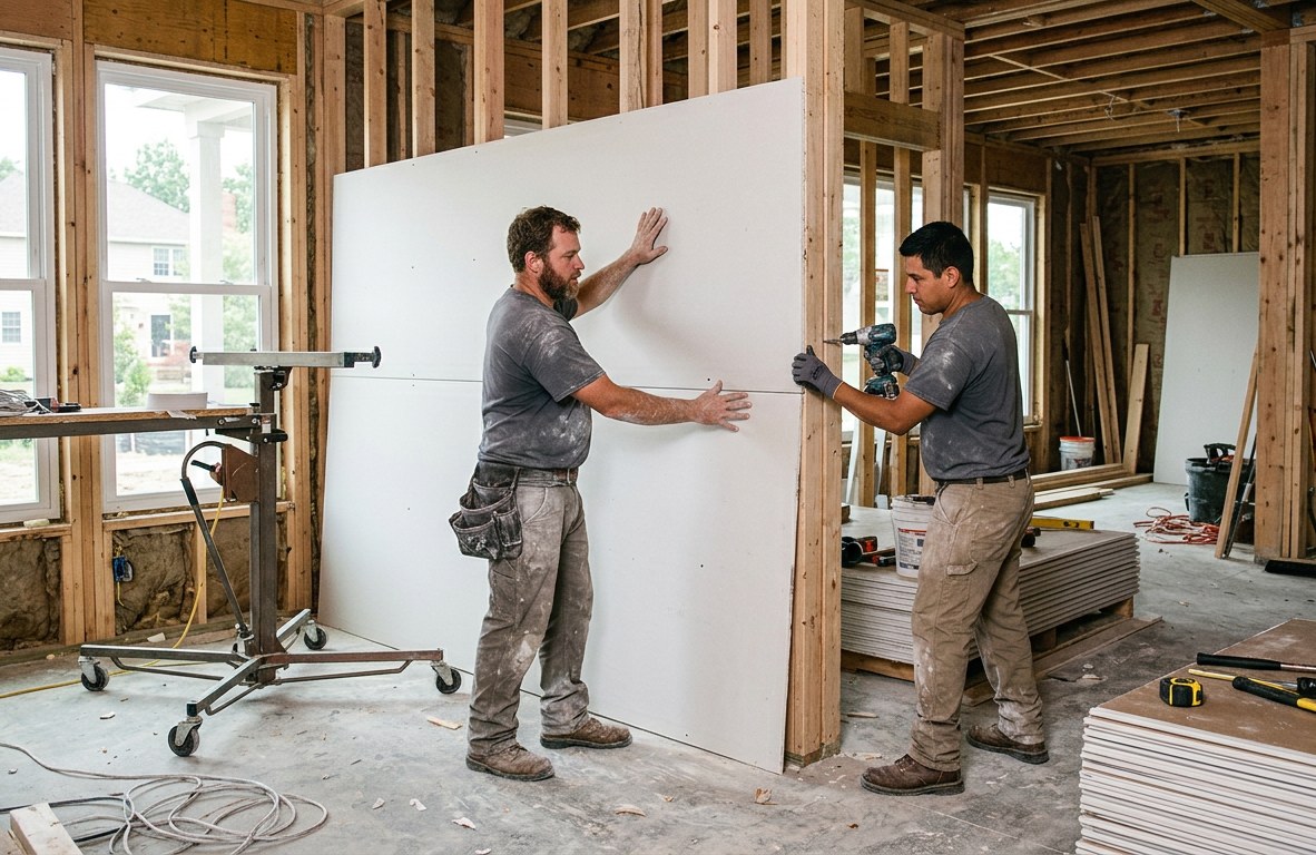 Drywall crew hanging a full sheet on a stud wall in a home under renovation