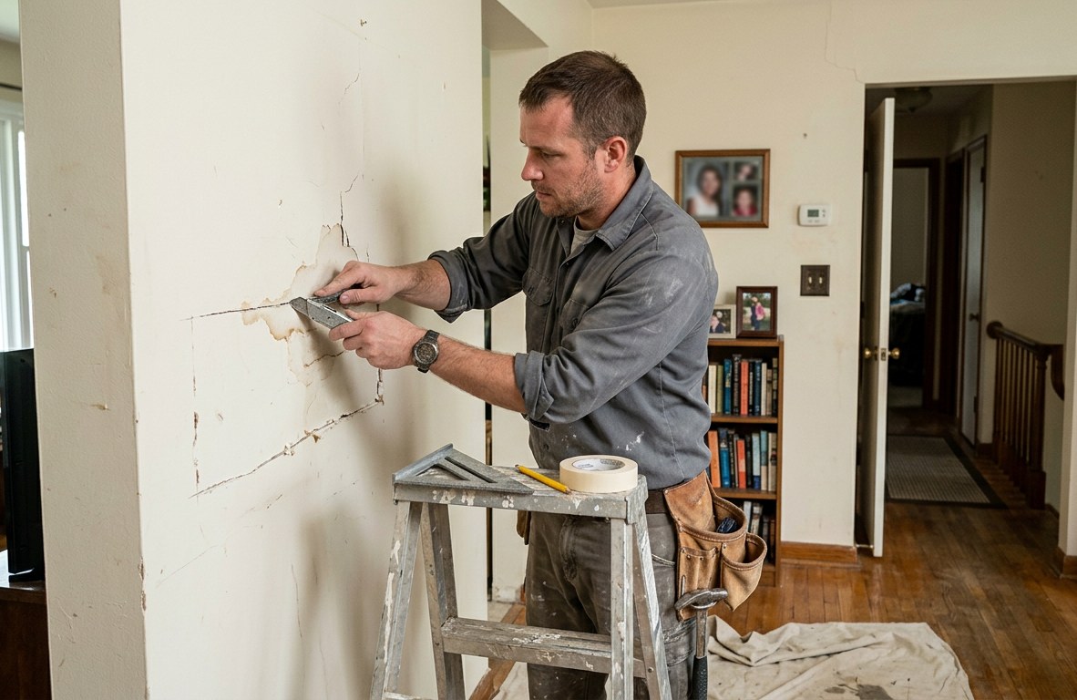Drywall repair technician cutting out a damaged section of wall with a utility knife