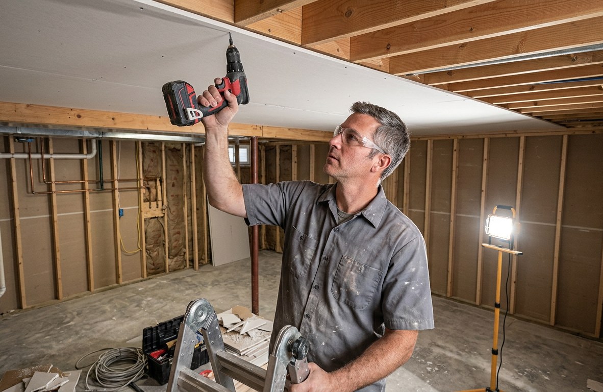 Drywall installer screwing a full sheet of drywall to ceiling joists