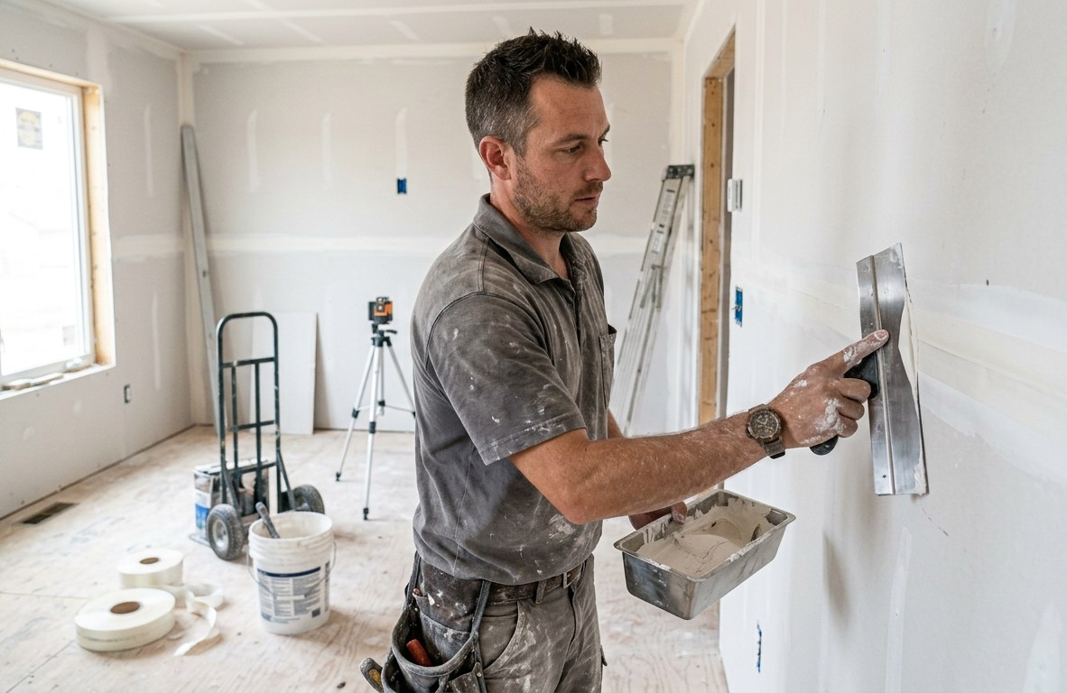 Drywall finisher applying a coat of joint compound with a wide taping knife