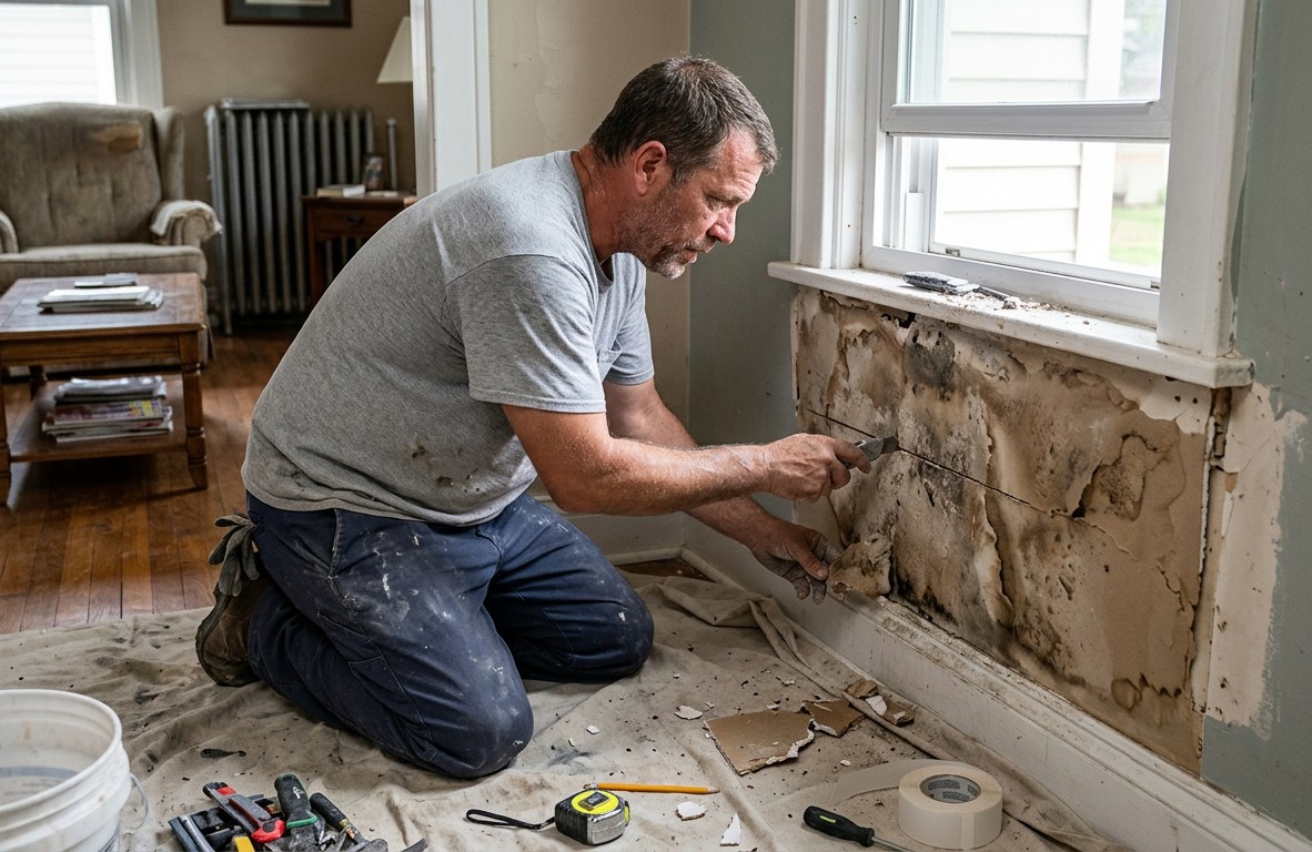 Drywall contractor cutting out water-damaged drywall below a window in a home