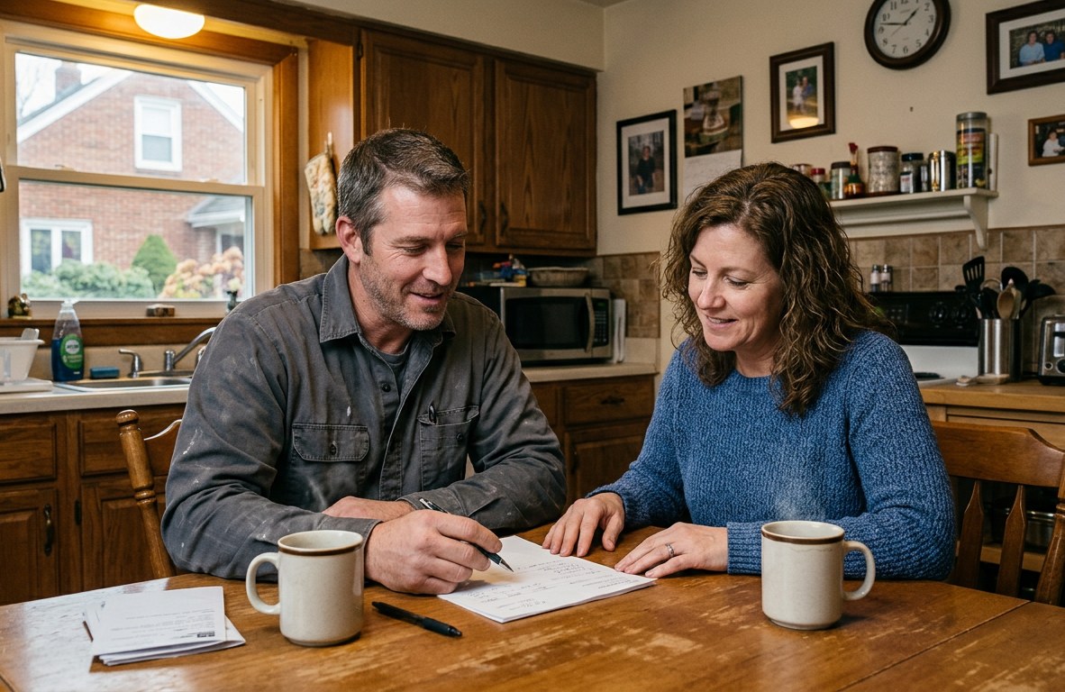 Drywall contractor reviewing a written estimate with a homeowner at a kitchen table