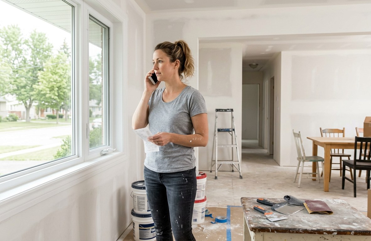 Homeowner on the phone in a freshly finished drywall room with clean walls